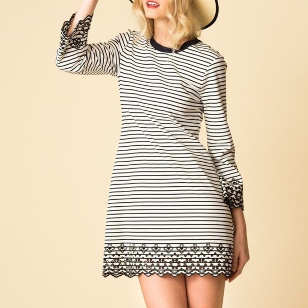 Derek Lam 10 Crosby Long Sleeve White Black Stripe Eyelet Embroidery Shift Dress